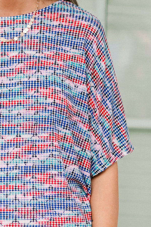 Chic Soul plus size clothing, short-sleeve red and blue waffleknit top with a high-scoop-neckline with a red and blue abstract pattern