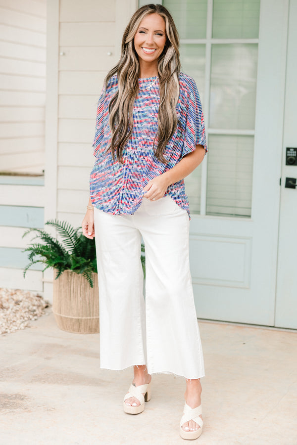 Chic Soul plus size clothing, short-sleeve red and blue waffleknit top with a high-scoop-neckline with a red and blue abstract pattern