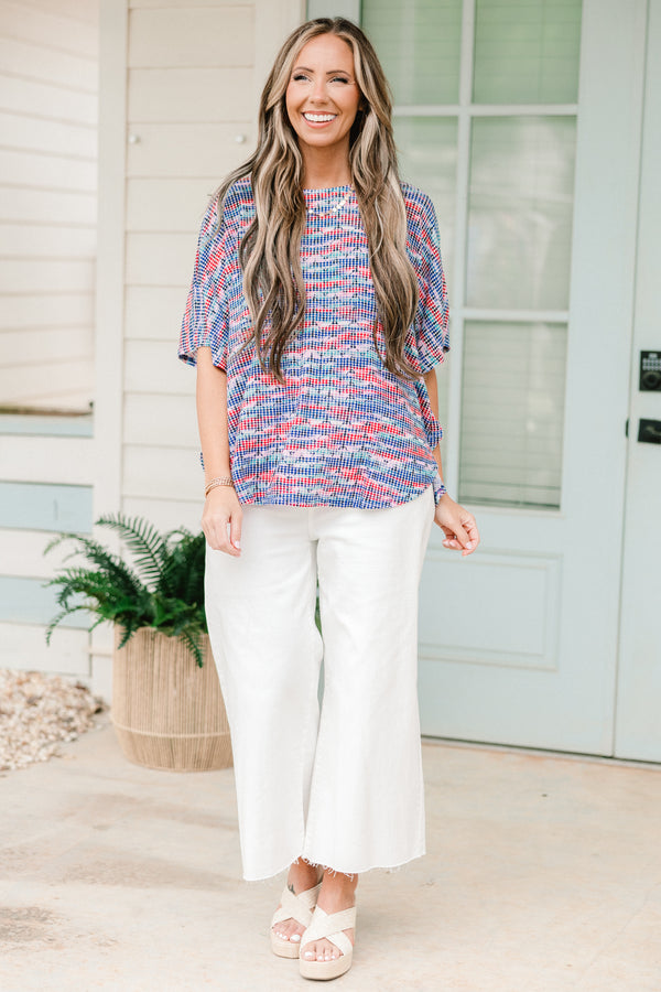 Chic Soul plus size clothing, short-sleeve red and blue waffleknit top with a high-scoop-neckline with a red and blue abstract pattern