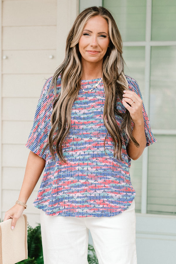 Chic Soul plus size clothing, short-sleeve red and blue waffleknit top with a high-scoop-neckline with a red and blue abstract pattern