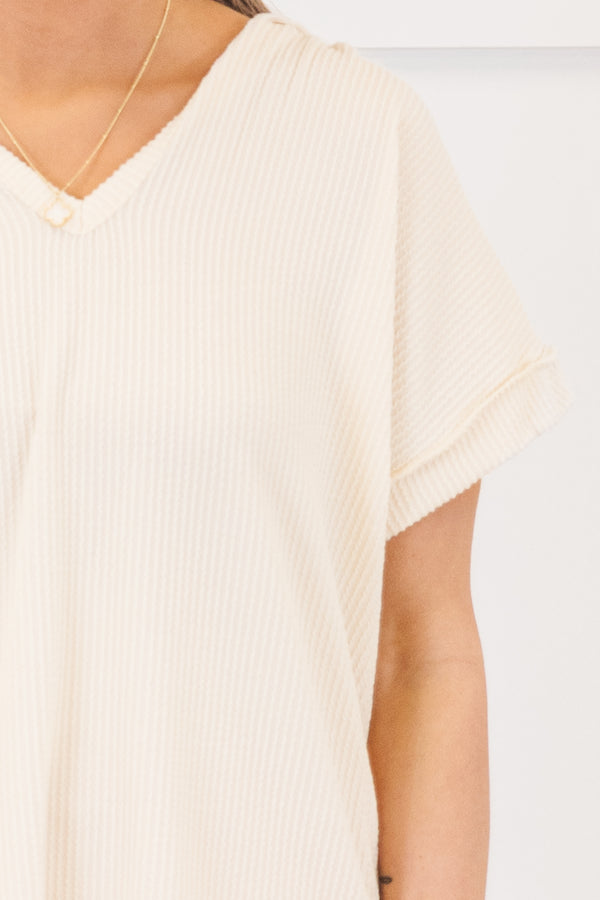 Chic Soul plus size clothing, cream short sleeve ribbed knit top with v neckline and cuff sleeves with hoodie detail