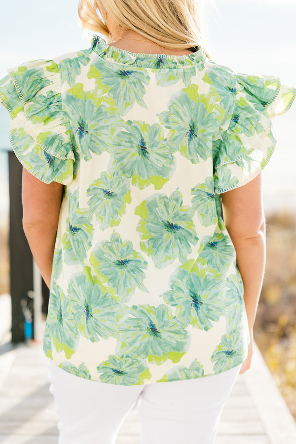 Chic Soul plus size clothing, short-flutter-sleeve top with a split-v-neckline and a green and white watercolor tropical floral pattern
