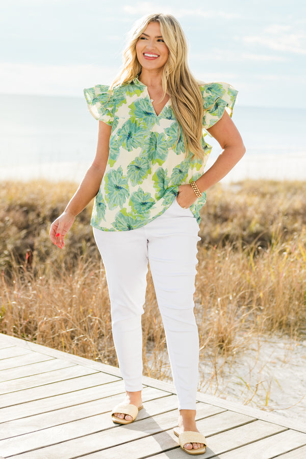 Chic Soul plus size clothing, short-flutter-sleeve top with a split-v-neckline and a green and white watercolor tropical floral pattern