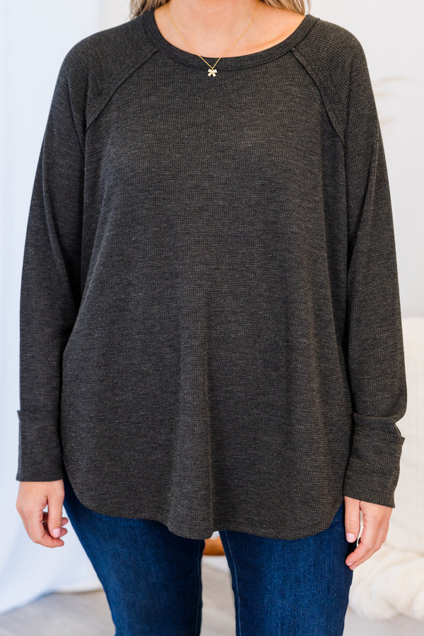 Chic Soul plus size clothing, long-sleeve washed-black top with scoop-neckline and waffle-knit material