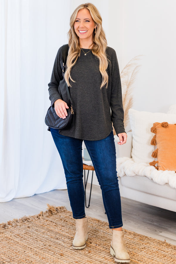 Chic Soul plus size clothing, long-sleeve washed-black top with scoop-neckline and waffle-knit material