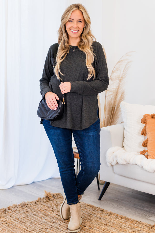 Chic Soul plus size clothing, long-sleeve washed-black top with scoop-neckline and waffle-knit material