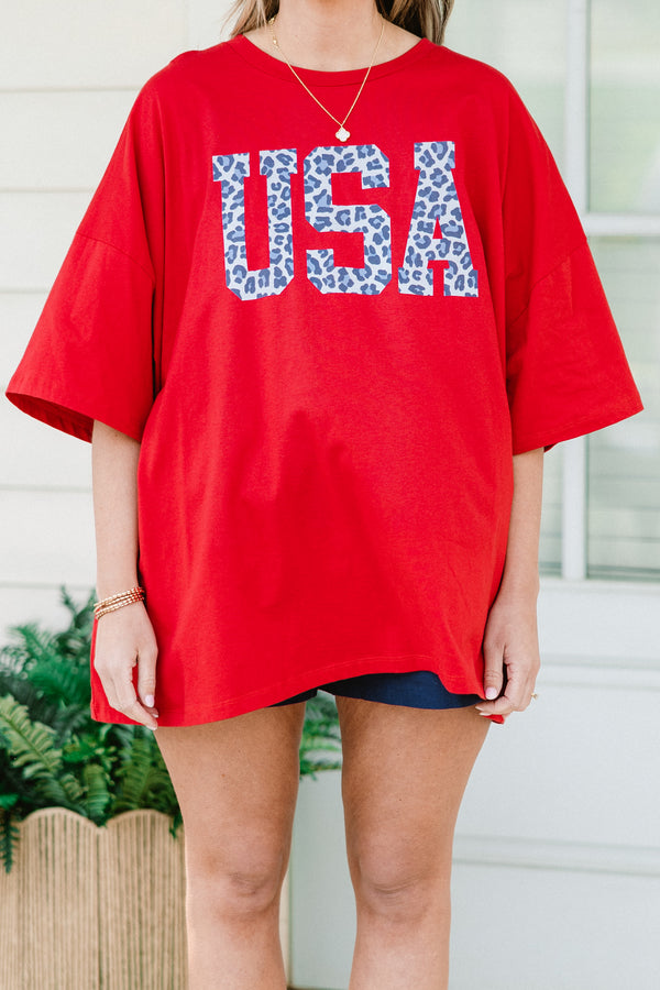 Plus Size red oversized boyfriend tee with a blue leopard print USA graphic on the front.