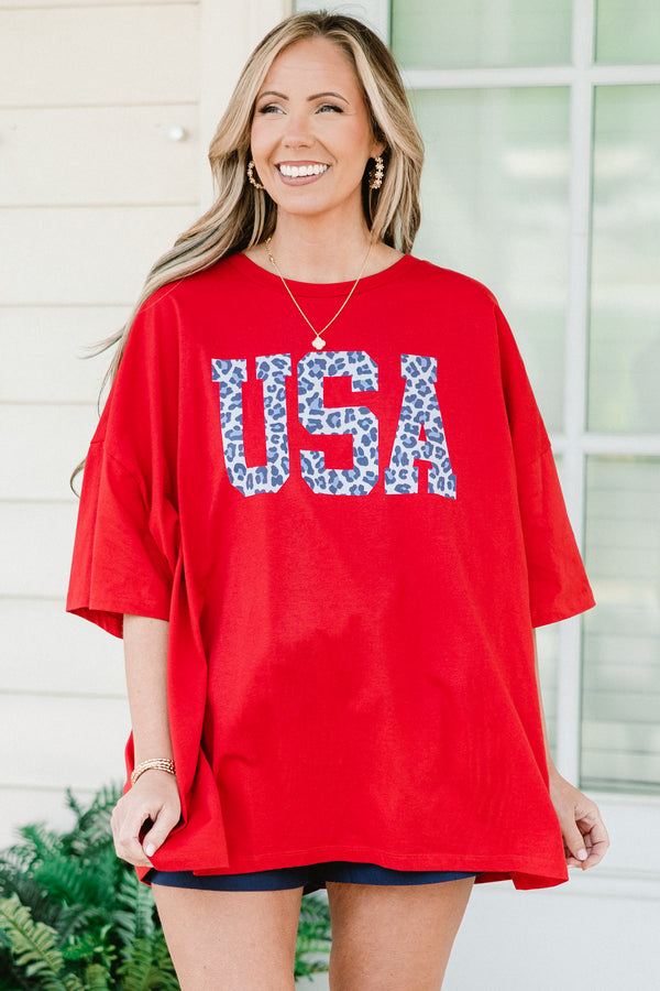Plus Size red oversized boyfriend tee with a blue leopard print USA graphic on the front.