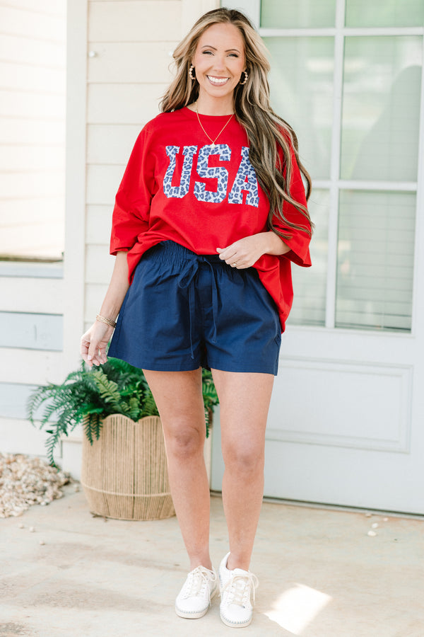 Plus Size red oversized boyfriend tee with a blue leopard print USA graphic on the front.
