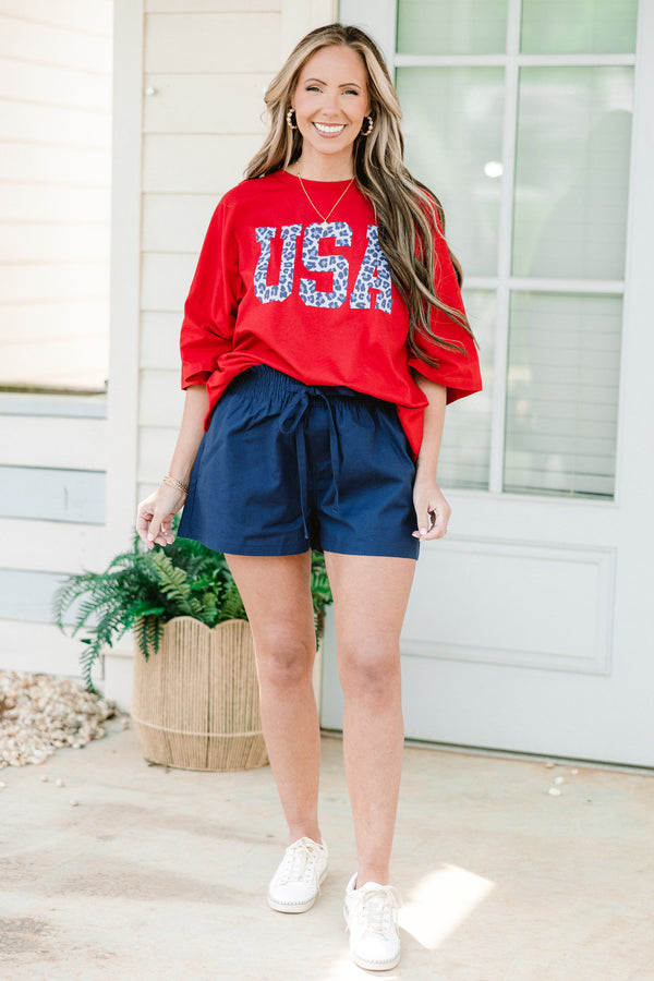 Plus Size red oversized boyfriend tee with a blue leopard print USA graphic on the front.