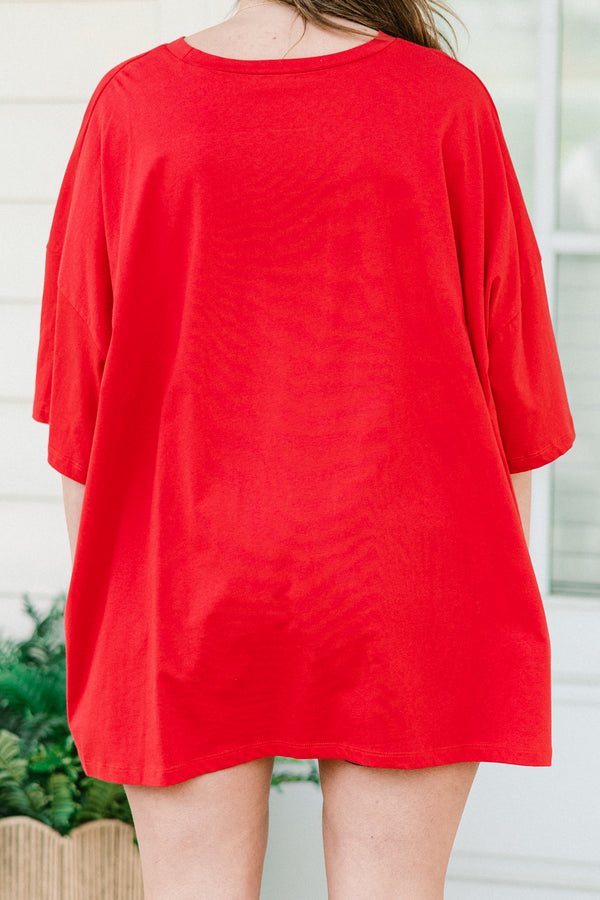 Plus Size red oversized boyfriend tee with a blue leopard print USA graphic on the front.