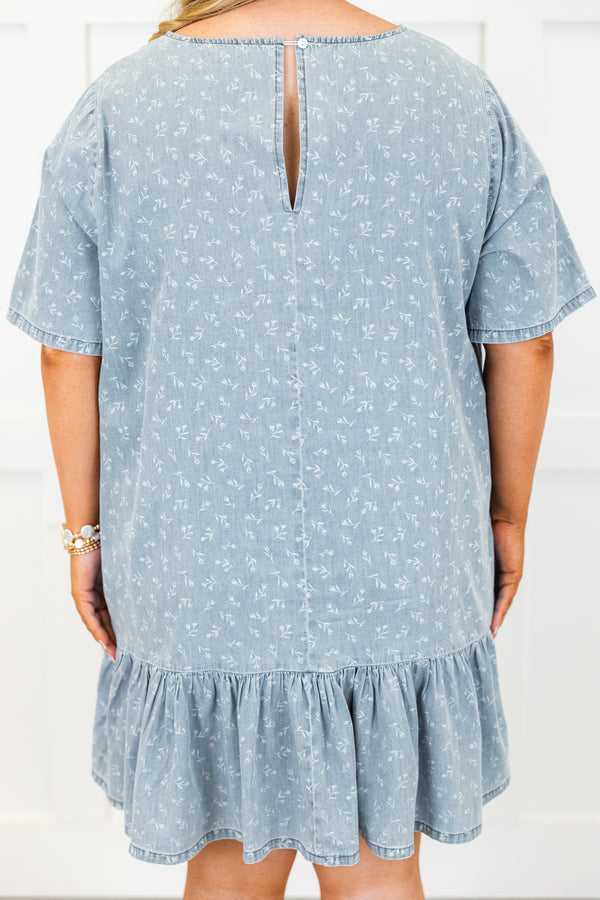 Chic Soul plus size clothing, short-sleeve light-wash denim ruffled short dress with a high-scoop-neckline and subtle lighter denim floral pattern detailing 