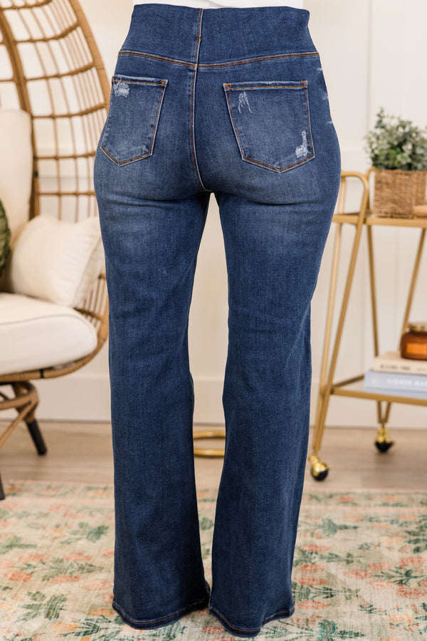 Chic Soul plus size clothing, dark wash denim flare jeans with stretchy waistband with no front pockets 