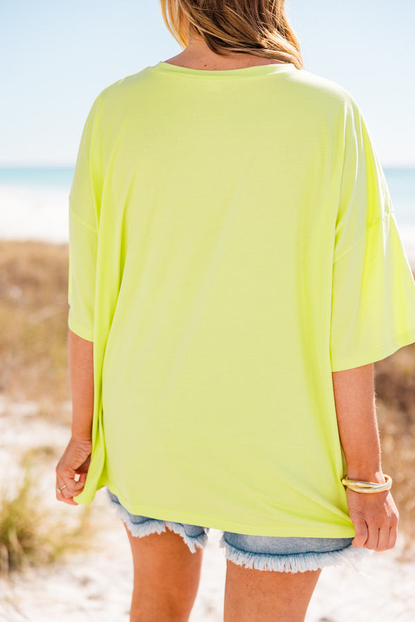 Chic Soul plus size clothing, neon lime colored boyfriend tee with phrase 