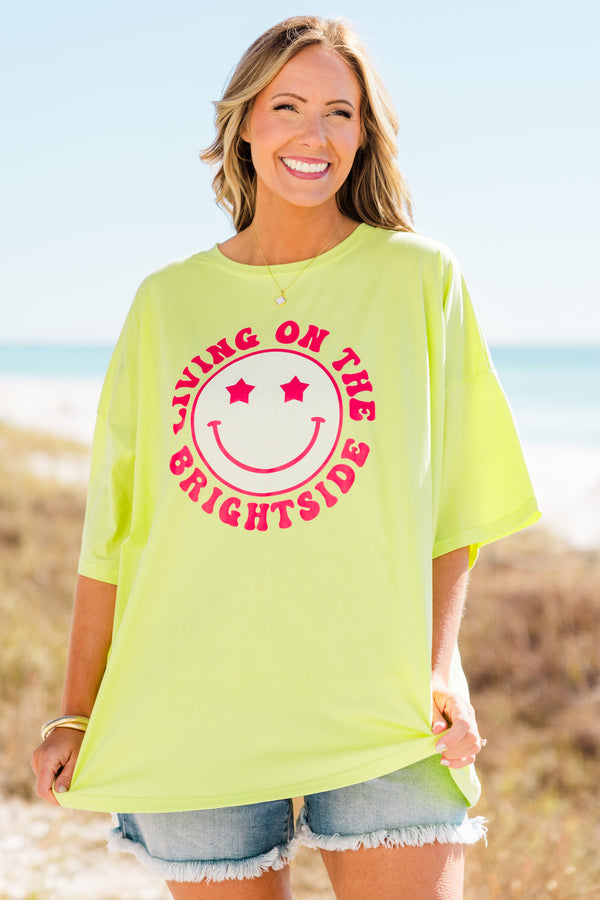 Chic Soul plus size clothing, neon lime colored boyfriend tee with phrase 