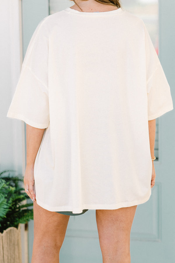 Chic Soul plus size clothing, short-sleeve ivory white boyfriend tee with a high-scoop-neckline and a coral orange calligraphy lettering stating 