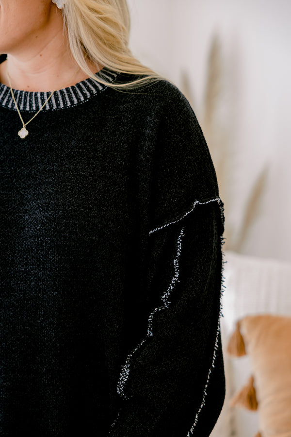 Chic Soul plus size clothing, Black long sleeve sweater with white ribbed details on the neckline and bottom of the sweater 