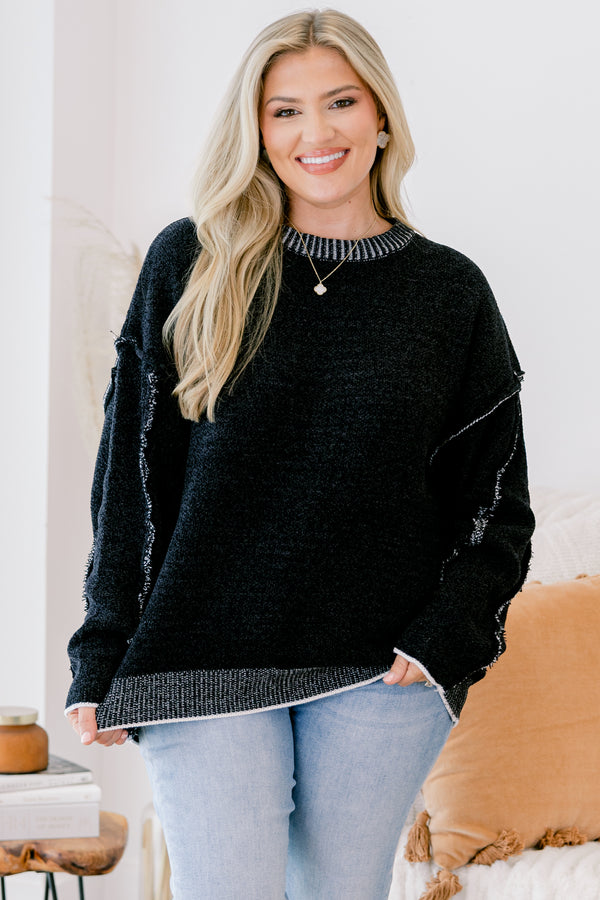 Chic Soul plus size clothing, Black long sleeve sweater with white ribbed details on the neckline and bottom of the sweater 