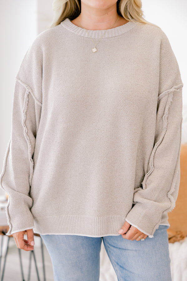 Chic Soul plus size clothing, light tan long sleeve sweater with stitching detail on the sleeve and white thin stripe on sleeves and hem