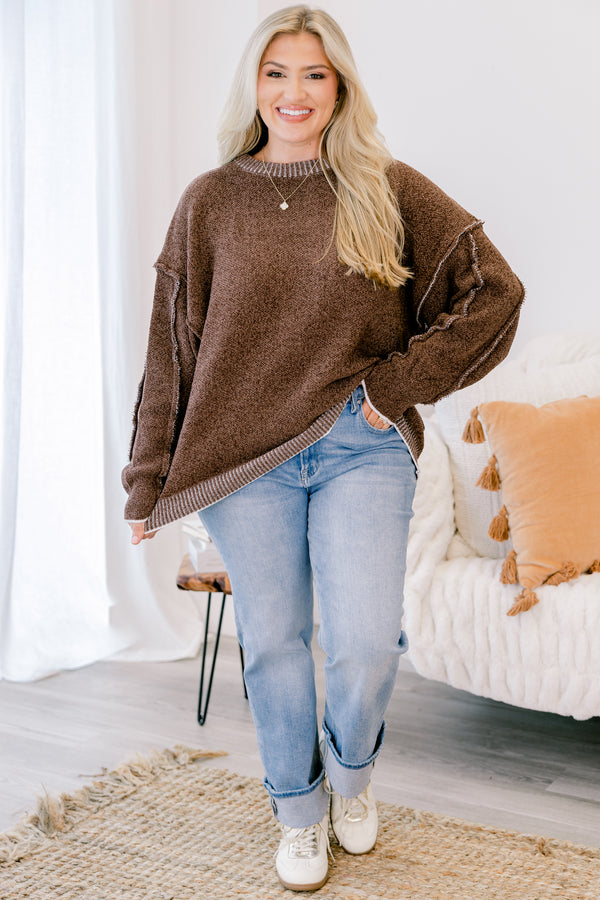 Chic Soul plus size clothing brown long sleeve sweater with a white ribbed texture around the bottom of the sweater and along the sleeves and neckline 
