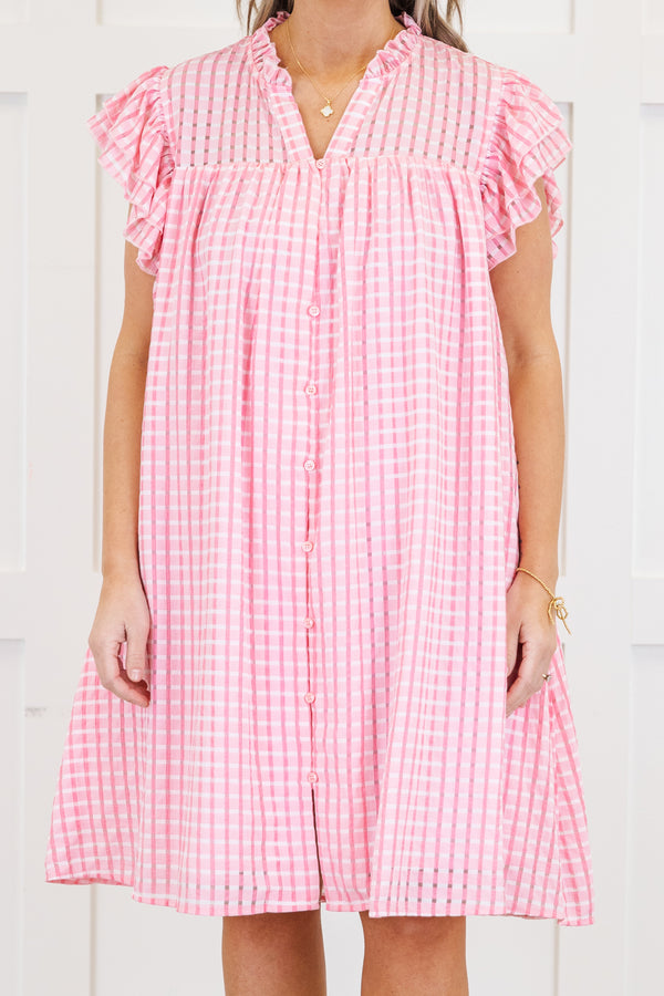 Chic Soul plus size clothing, pink and white gingham print flutter short sleeve short dress