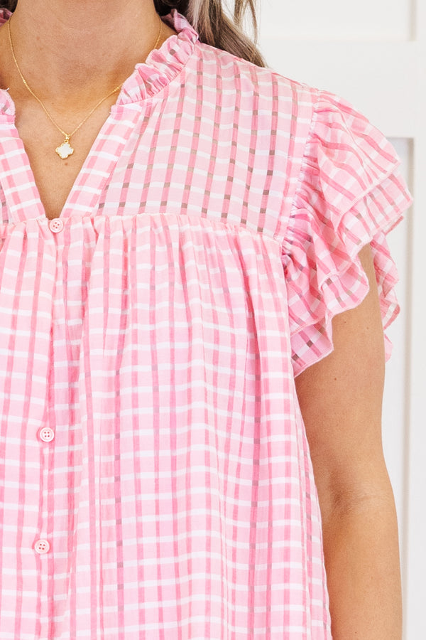 Chic Soul plus size clothing, pink and white gingham print flutter short sleeve short dress