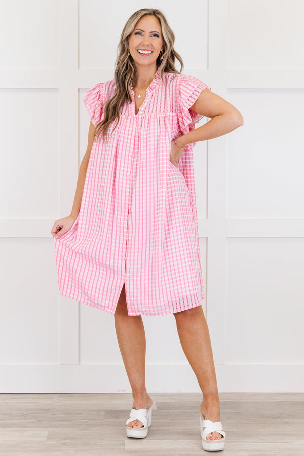 Chic Soul plus size clothing, pink and white gingham print flutter short sleeve short dress
