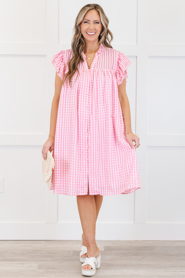 Chic Soul plus size clothing, pink and white gingham print flutter short sleeve short dress