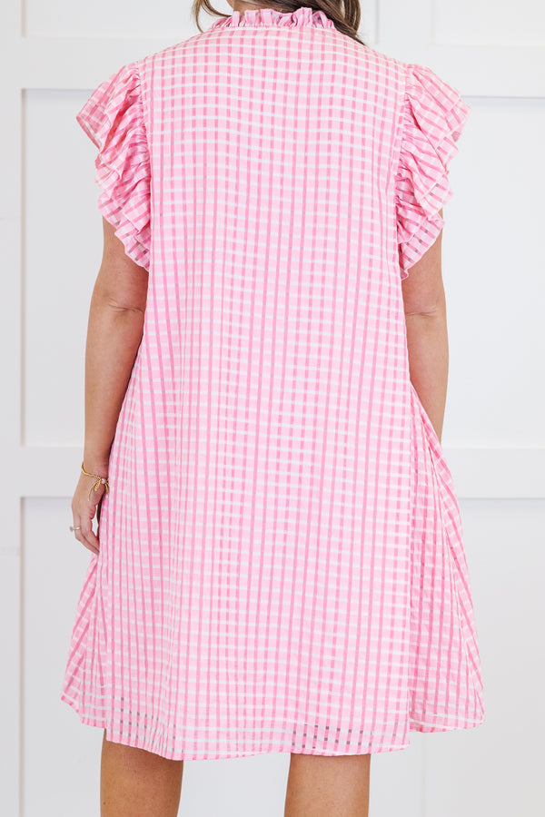 Chic Soul plus size clothing, pink and white gingham print flutter short sleeve short dress