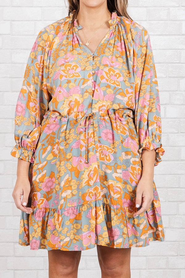 Chic Soul plus size clothing, light blue orange and pink short dress that sinches at waist with balloon sleeves