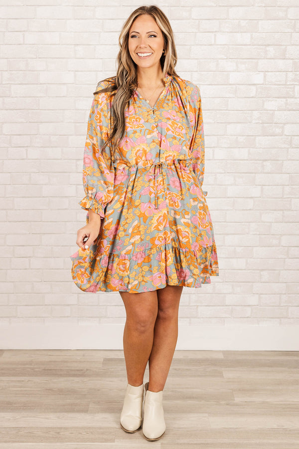 Chic Soul plus size clothing, light blue orange and pink short dress that sinches at waist with balloon sleeves