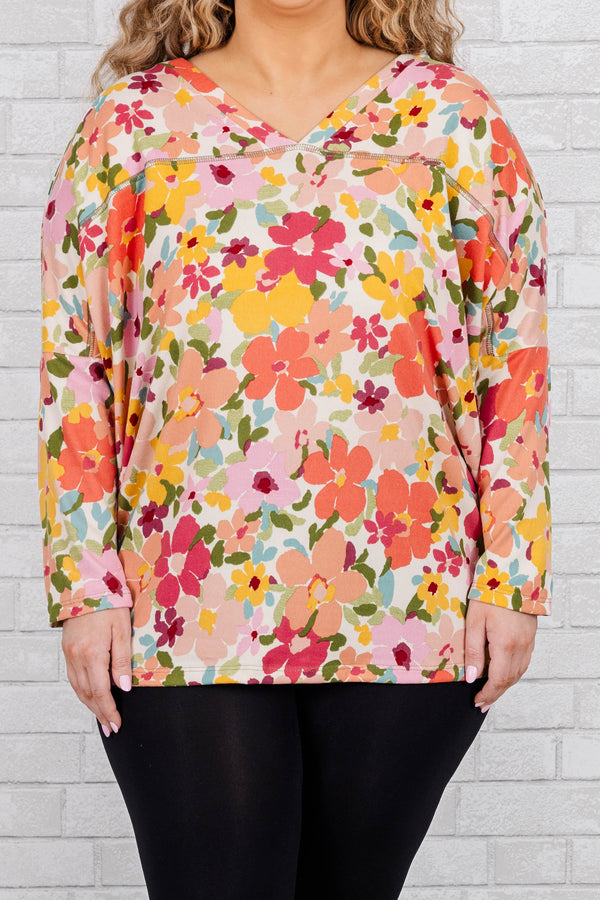 Chic Soul plus size clothing, multicolor floral pattern long sleeves top with a v neck