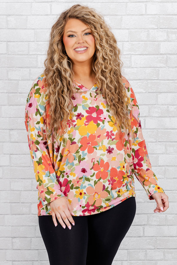 Chic Soul plus size clothing, multicolor floral pattern long sleeves top with a v neck