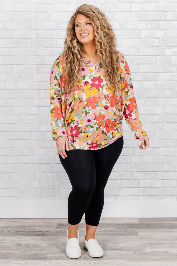 Chic Soul plus size clothing, multicolor floral pattern long sleeves top with a v neck