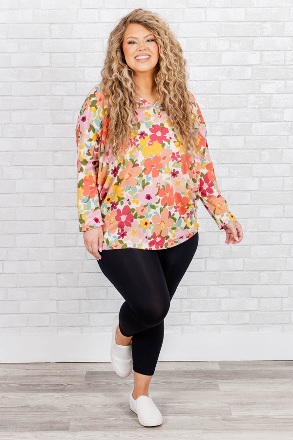 Chic Soul plus size clothing, multicolor floral pattern long sleeves top with a v neck