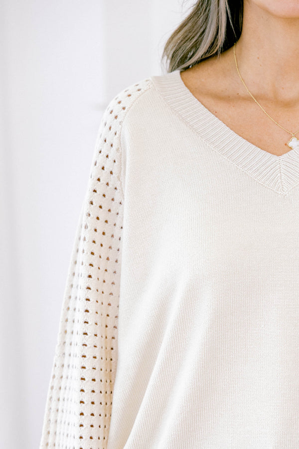 Chic Soul plus size clothing, cream long sleeve sweater with v neck and small hole pattern on sleeves