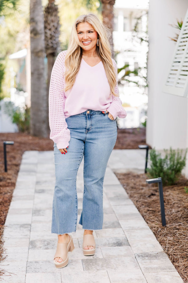 Chic Soul plus size clothing, lavender long sleeve sweater with v neck and small hole pattern on sleeves