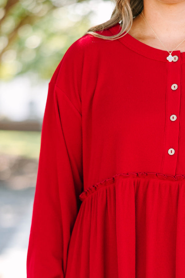 Plus size red Lighthouse Lullaby Dress with a flowy babydoll fit, button front, and ribbed fabric.