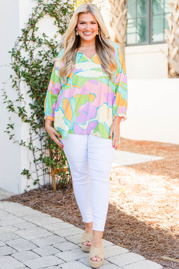 Chic Soul plus size clothing, multi color long sleeve top with drawstring v-neckline and ruched cuffs 