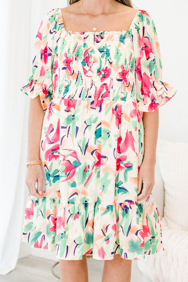 Chic Soul Plus size clothing, White short sleeve babydoll dress with floral pattern and ruffle detail at the end of sleeves 