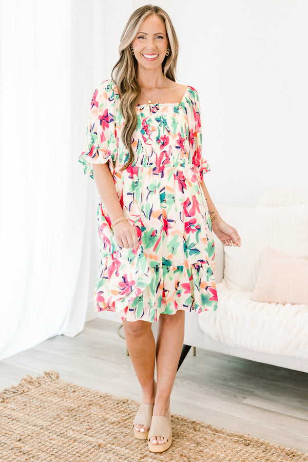 Chic Soul Plus size clothing, White short sleeve babydoll dress with floral pattern and ruffle detail at the end of sleeves 