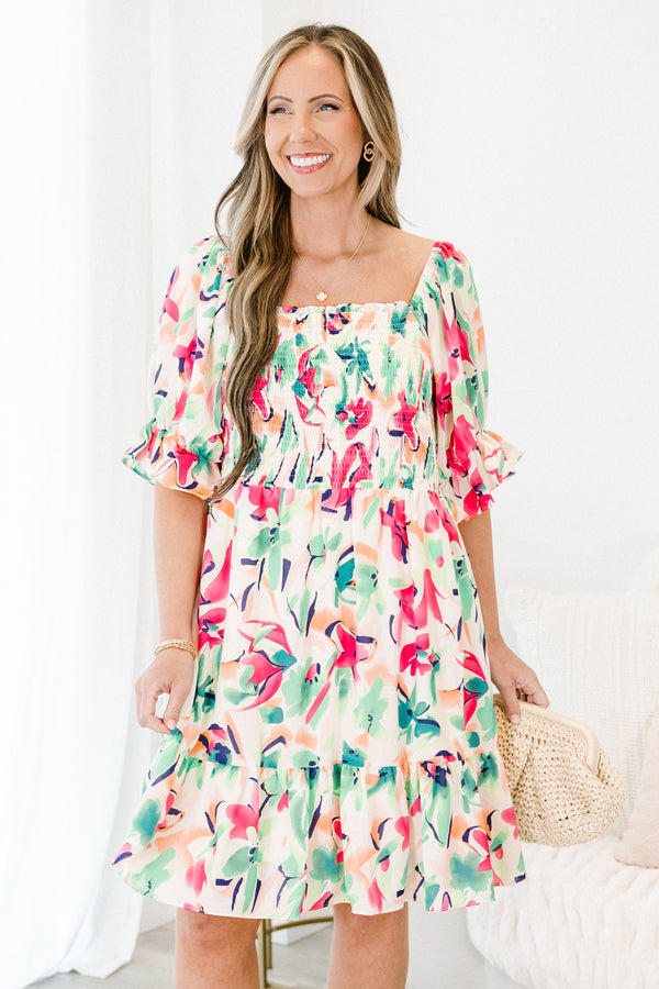 Chic Soul Plus size clothing, White short sleeve babydoll dress with floral pattern and ruffle detail at the end of sleeves 