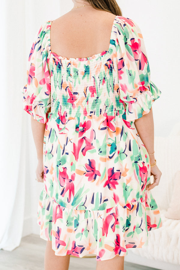 Chic Soul Plus size clothing, White short sleeve babydoll dress with floral pattern and ruffle detail at the end of sleeves 