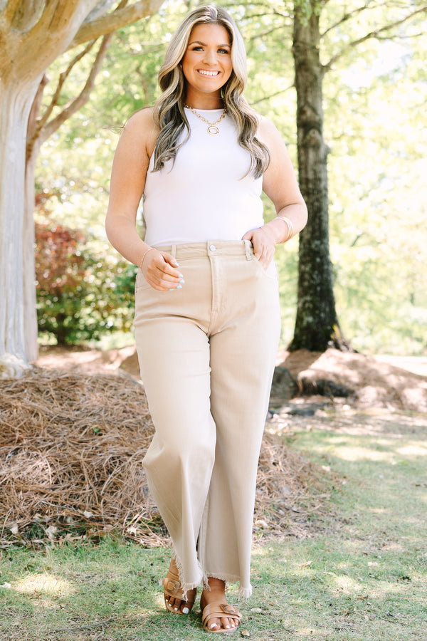 Chic Soul plus size clothing, khaki tan jeans with heavy distressing at the hem