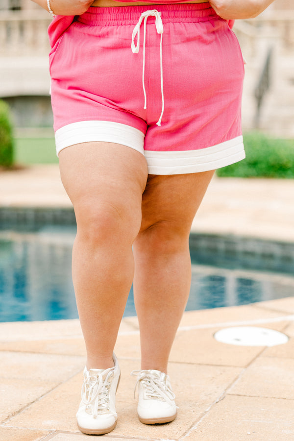 Chic Soul plus size clothing, hot pink casual shorts with white blocking at hem and white drawstring