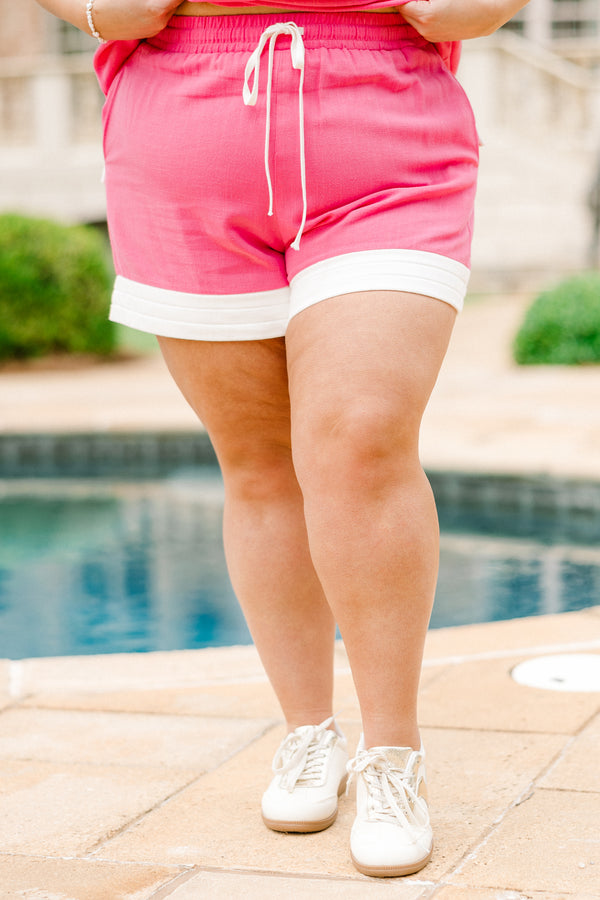 Chic Soul plus size clothing, hot pink casual shorts with white blocking at hem and white drawstring