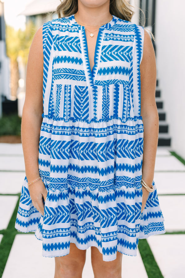 Chic Soul plus size clothing, blue and white Aztec pattern sleeveless tiered baby doll dress