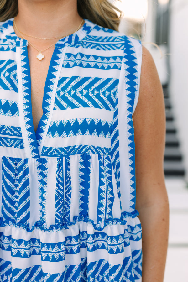 Chic Soul plus size clothing, blue and white Aztec pattern sleeveless tiered baby doll dress