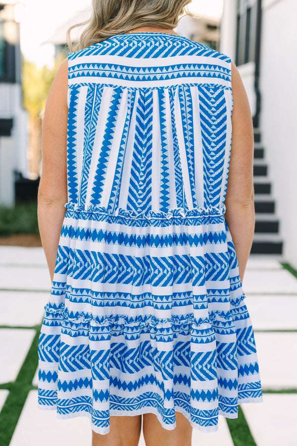 Chic Soul plus size clothing, blue and white Aztec pattern sleeveless tiered baby doll dress