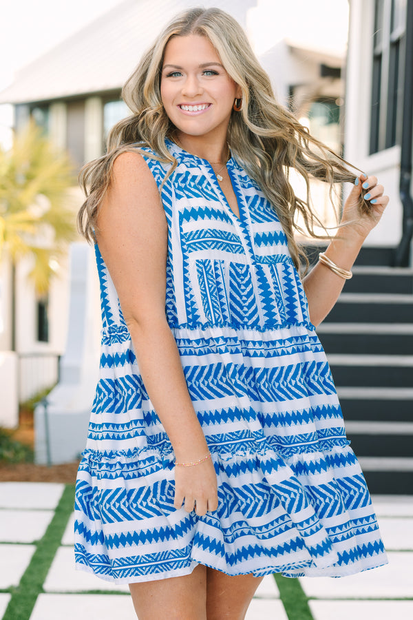 Chic Soul plus size clothing, blue and white Aztec pattern sleeveless tiered baby doll dress
